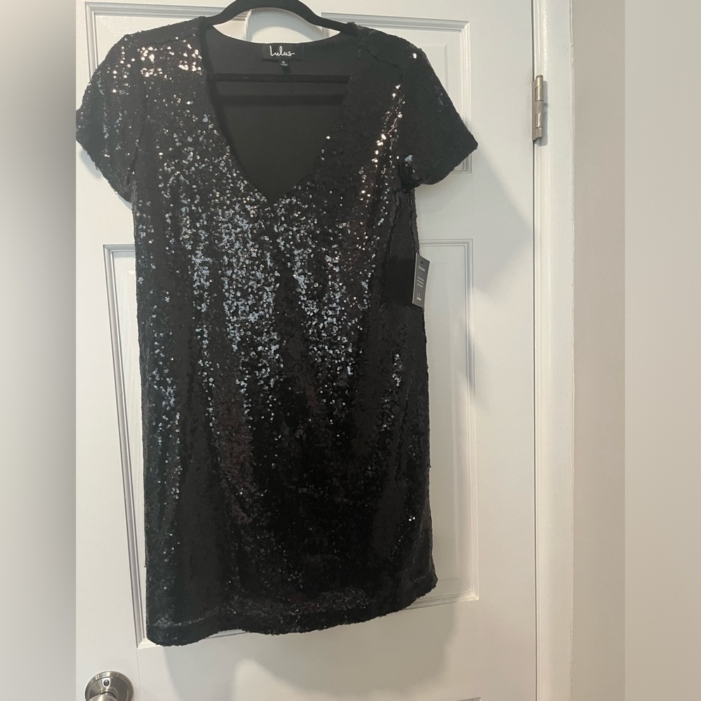 LULUS Black Sequin Short Sleeve Mini Dress